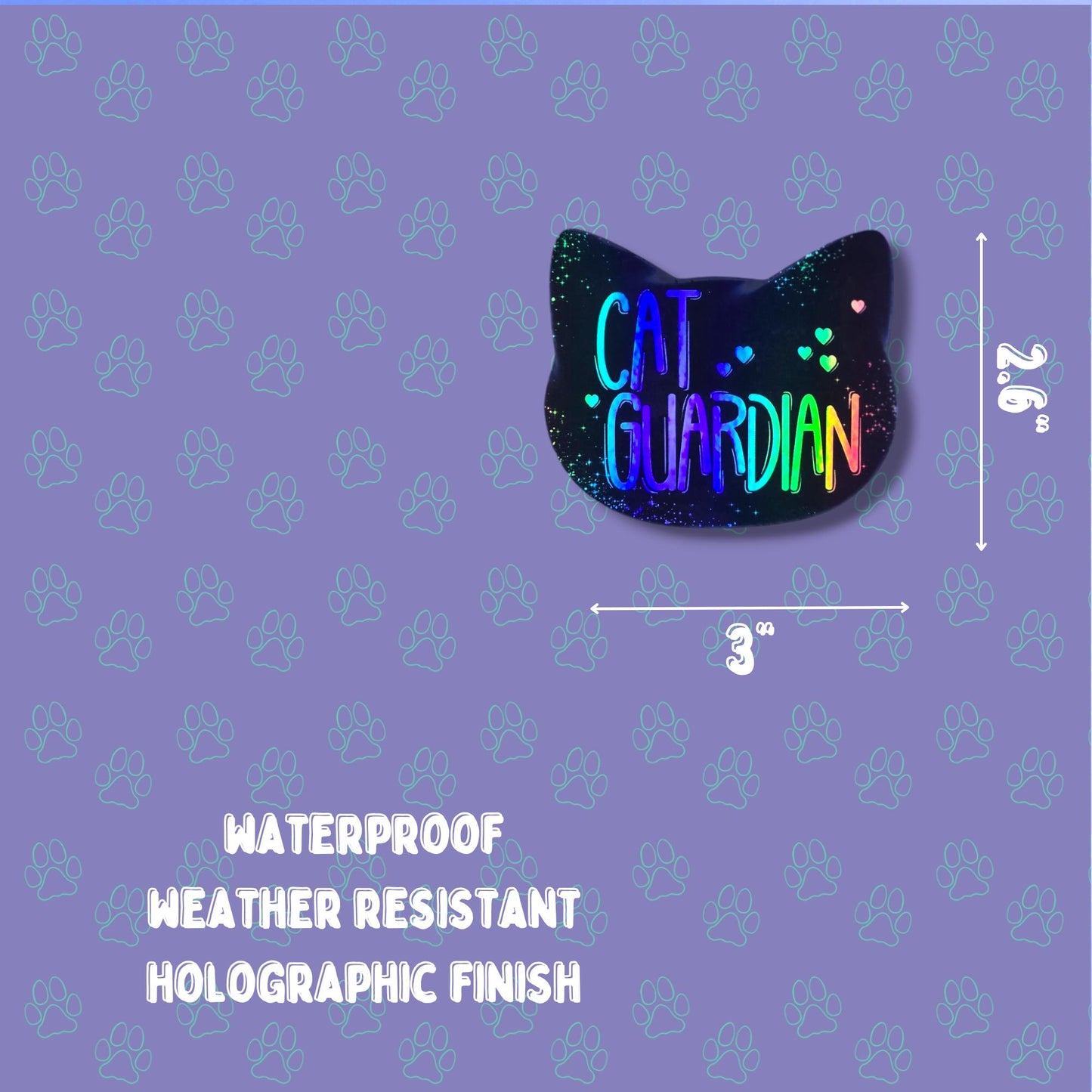 Cat Guardian Sticker |Cat Cute Holographic| Holographic Black 3"x2.6"