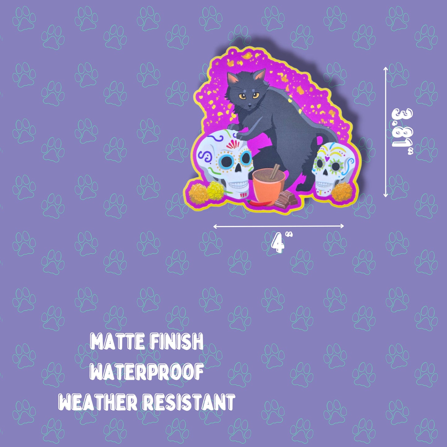 Cat-Cute-Matte Dia de los Meowtos Cat Sticker |Matte Sticker| 4"x3.81"