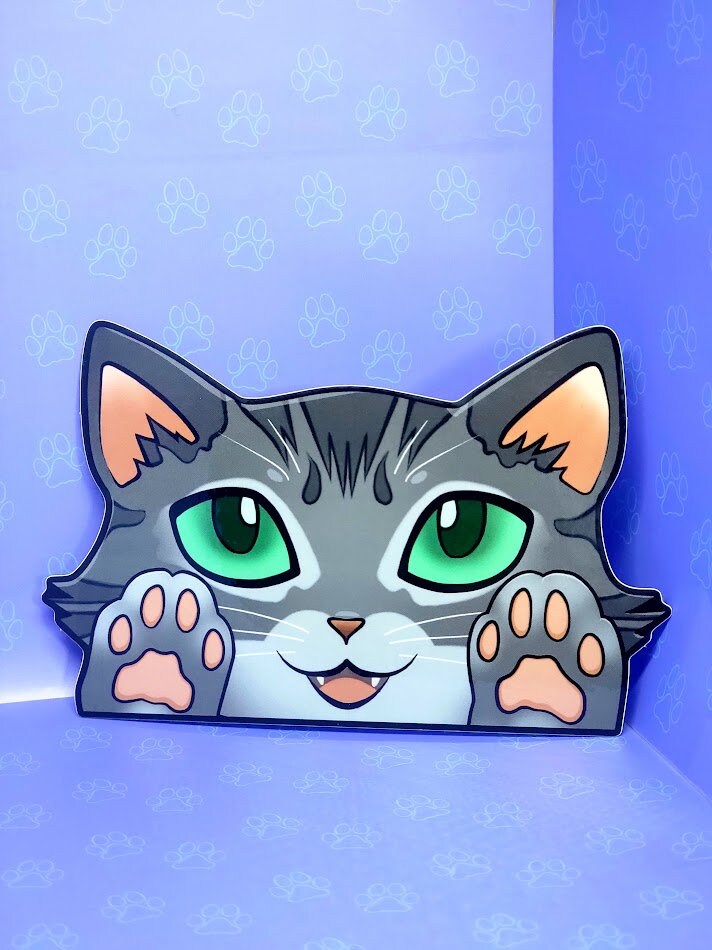 Cat-Window-Peeker Cat Peeking Sticker |Cat Face and Paws| Silver-Grey 5.5"x3.5"