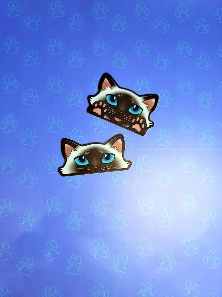 2 Pack Cat-Mini-Peekers Cat Peeking Stickers |Cat Face and Paws| Siamese-Lavender Point-Chocolate Point 2"x1.05"-2"x1.30"