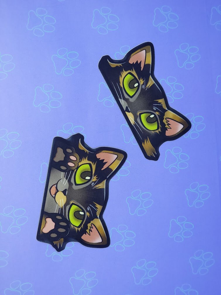 2 Pack Cat-Mini-Peekers Cat Peeking Stickers |Cat Face and Paws| Calico-Tortoiseshell 2"x1.05"-2"x1.30"