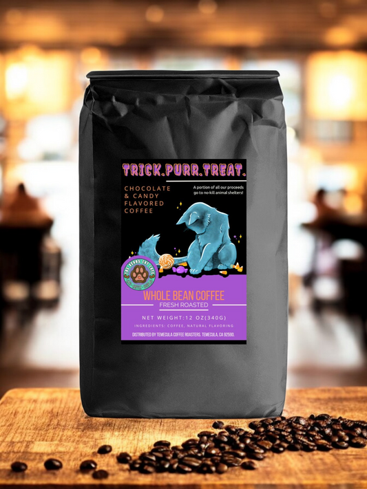 Trick. Purr. Treat. Whole Bean Chocolate and Candy Flavored Medium Roast Coffee 12 oz.
