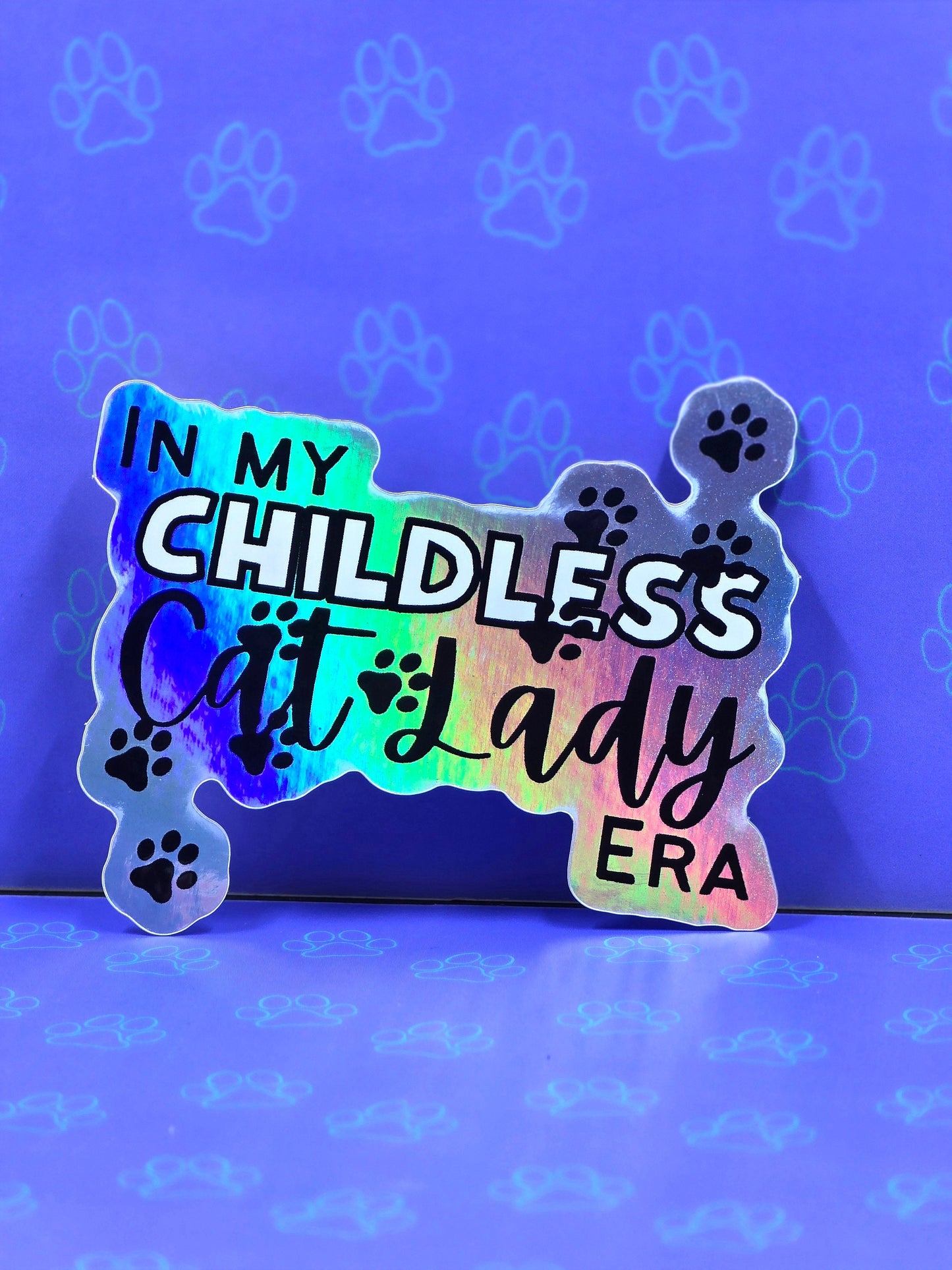 Childless Cat Lady Sticker - In My Childless Cat Lady Era - Matte Glossy Holographic 3" x 2.61"