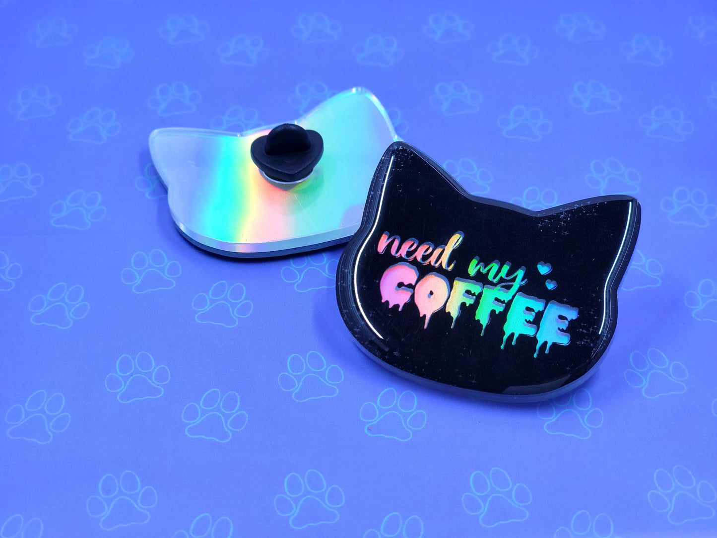 Cat-Cute-Holographic Pin |Holographic Need My Coffee Pin| Cat Pin 2"x1.75" |Cat Shaped Epoxy Acrylic Pin|
