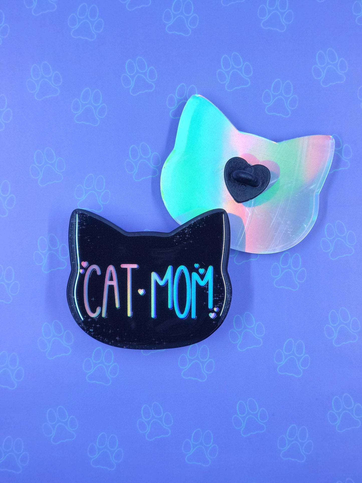 Cat-Cute-Holographic Pin |Holographic Cat Mom Pin| Cat Dad Pin 2"x1.75" |Cat Shaped Epoxy Acrylic Pin|