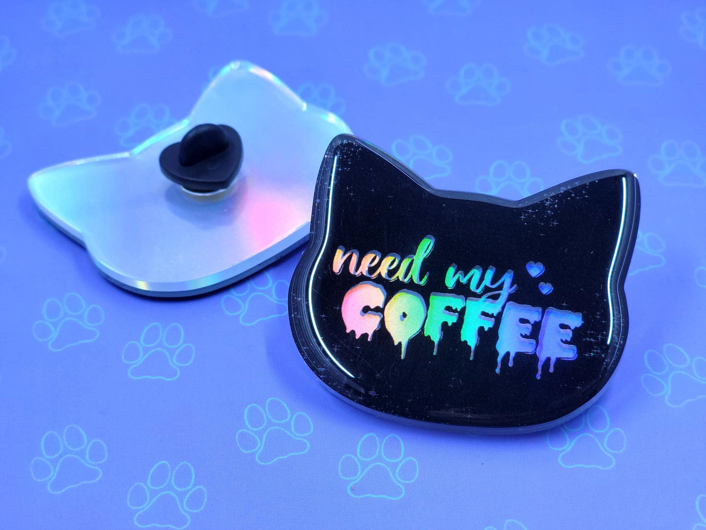 Cat-Cute-Holographic Pin |Holographic Need My Coffee Pin| Cat Pin 2"x1.75" |Cat Shaped Epoxy Acrylic Pin|