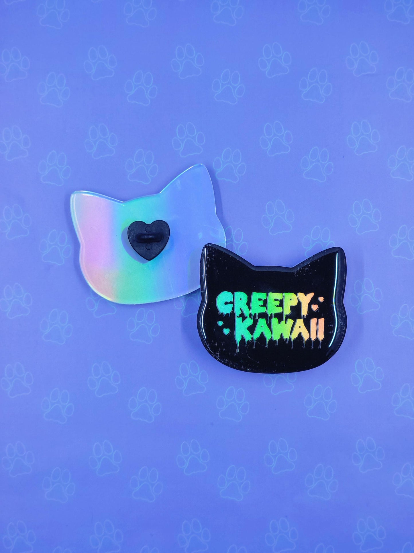 Cat-Cute-Holographic Pin |Holographic Creepy Kawaii Pin| Cat Pin 2"x1.75" |Cat Shaped Epoxy Acrylic Pin|