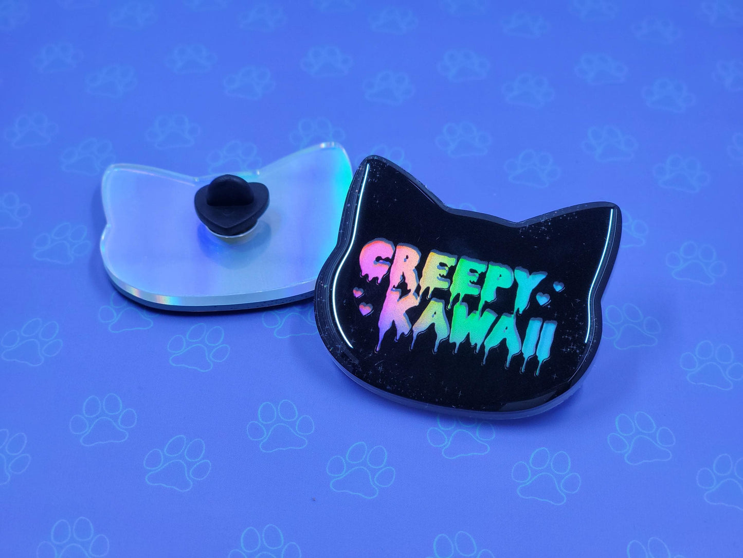 Cat-Cute-Holographic Pin |Holographic Creepy Kawaii Pin| Cat Pin 2"x1.75" |Cat Shaped Epoxy Acrylic Pin|