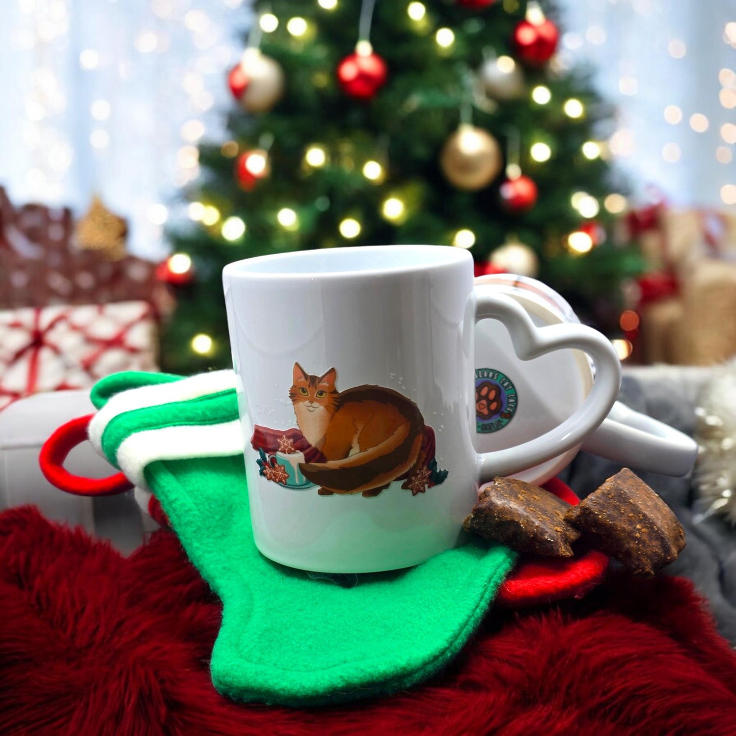 Cat-Mug-Ceramic | Meowliday Blend Cat Mug | Christmas Holiday Heart Handle Mug 11 oz.