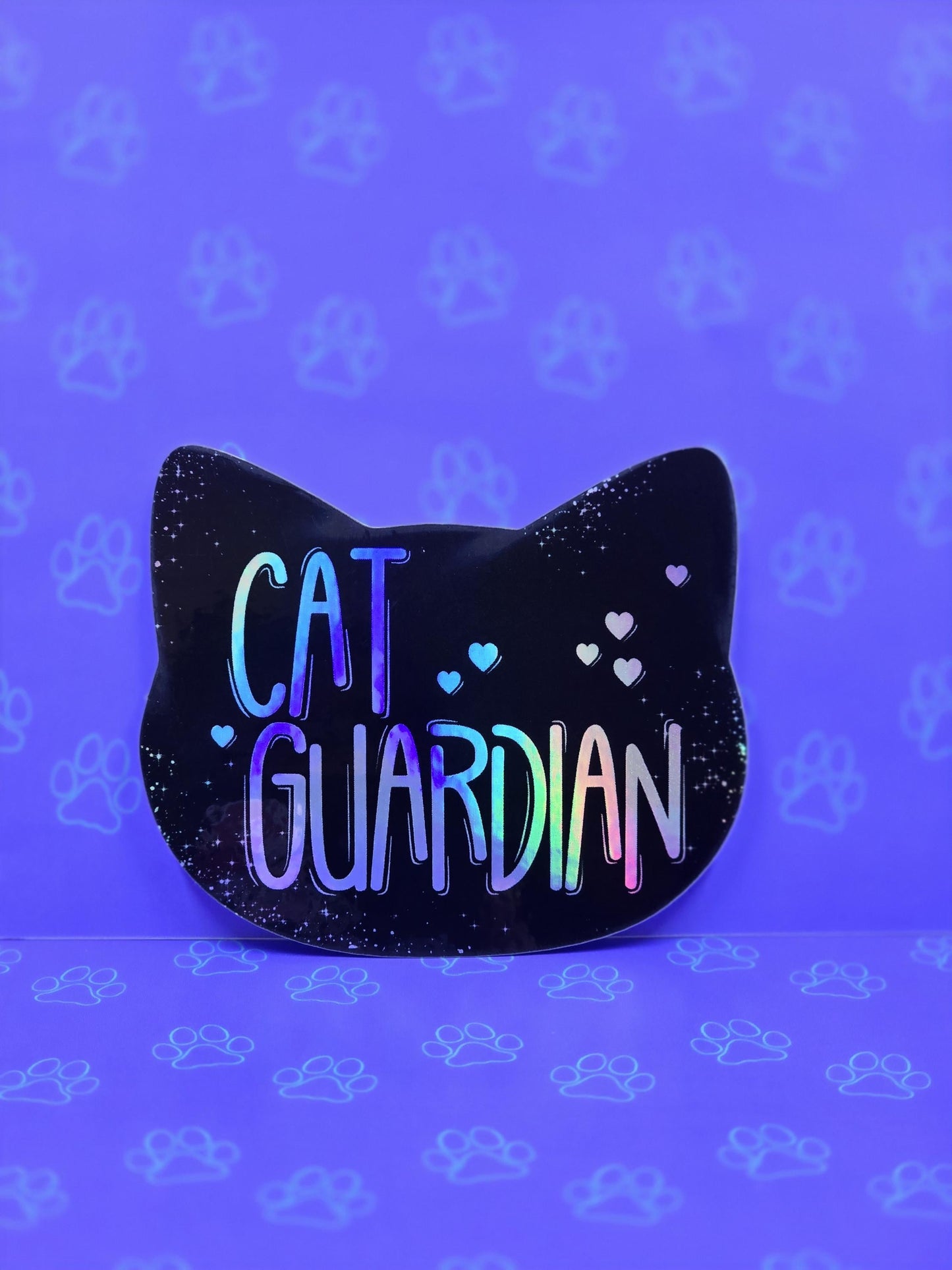 Cat Guardian Sticker |Cat Cute Holographic| Holographic Black 3"x2.6"