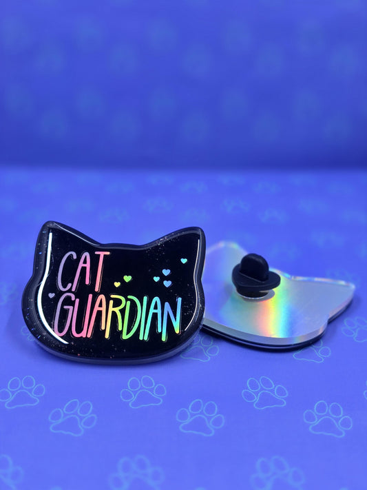Cat Guardian Holographic Pin 2"x1.75" |Cat Shaped Epoxy Acrylic Pin|