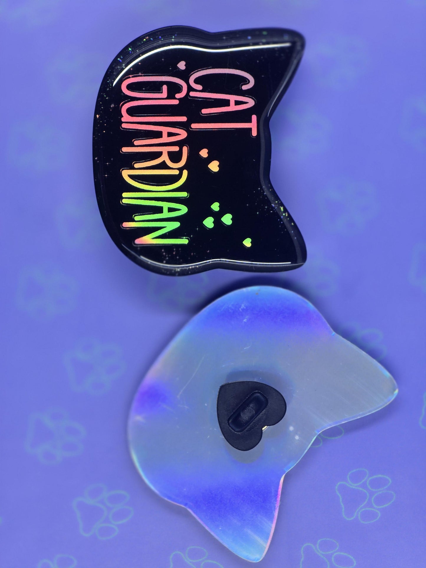 Cat Guardian Holographic Pin 2"x1.75" |Cat Shaped Epoxy Acrylic Pin|