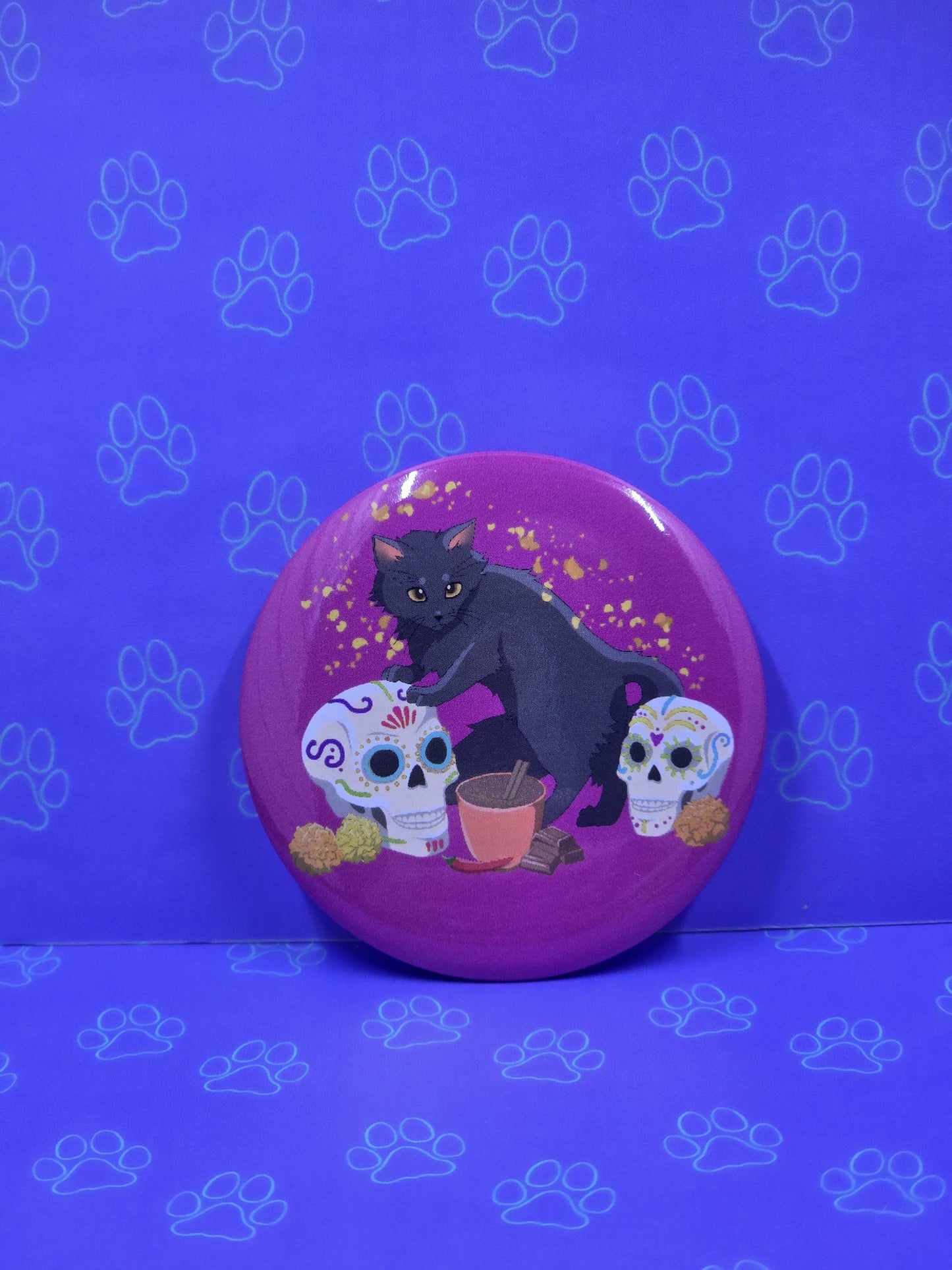 Dia de los Meowtos Cat Buttons - Dia de los Muertos Pin - Cat Pinback Button - 2.25"