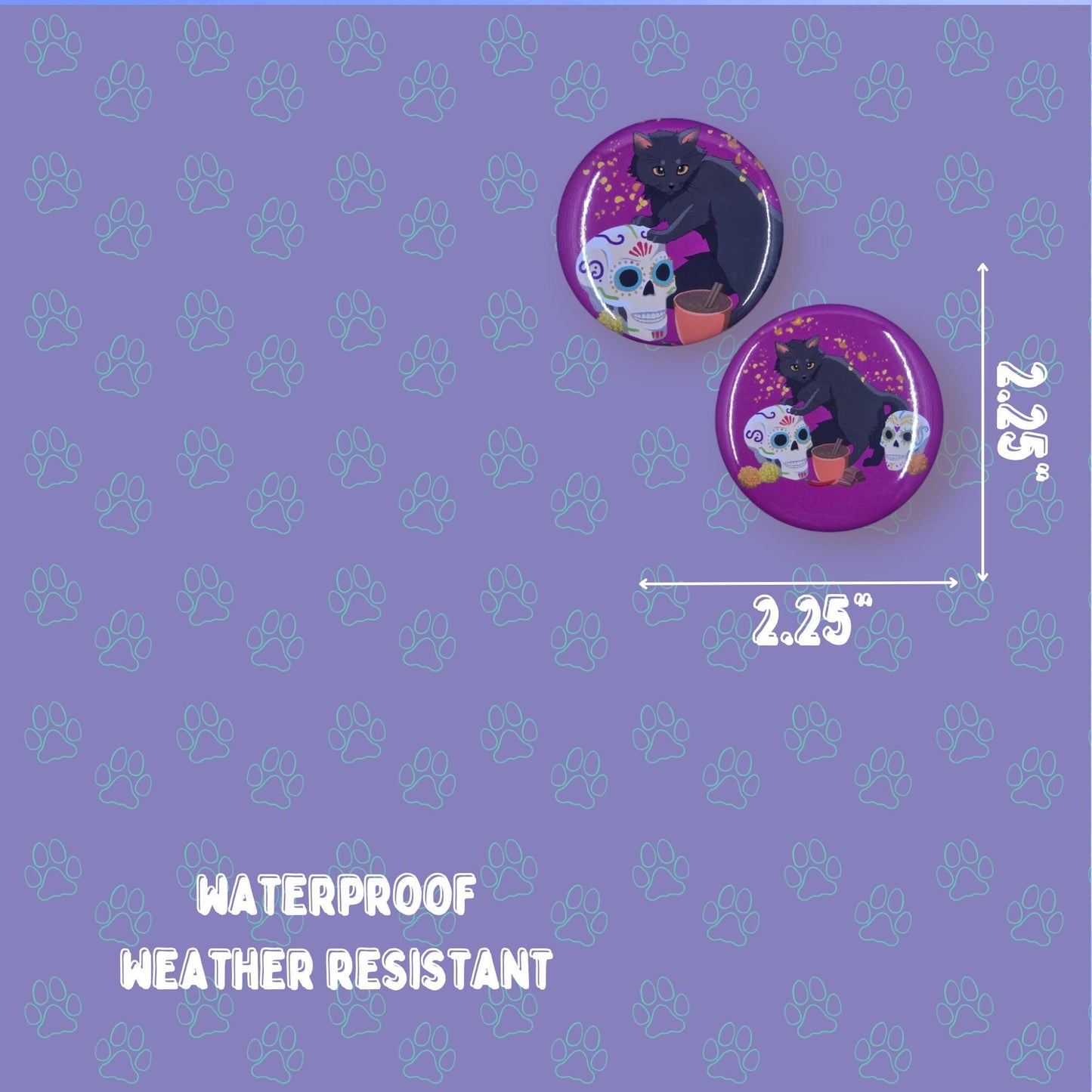 Dia de los Meowtos Cat Buttons - Dia de los Muertos Pin - Cat Pinback Button - 2.25"