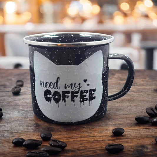 Cat-Mug-Enamel | Need My Coffee | Campfire Mug 12 oz.