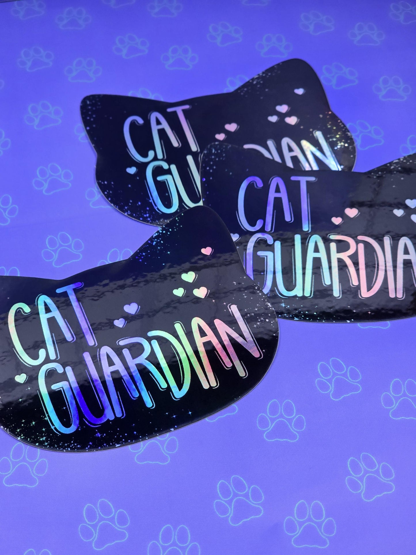 Cat Guardian Sticker |Cat Cute Holographic| Holographic Black 3"x2.6"