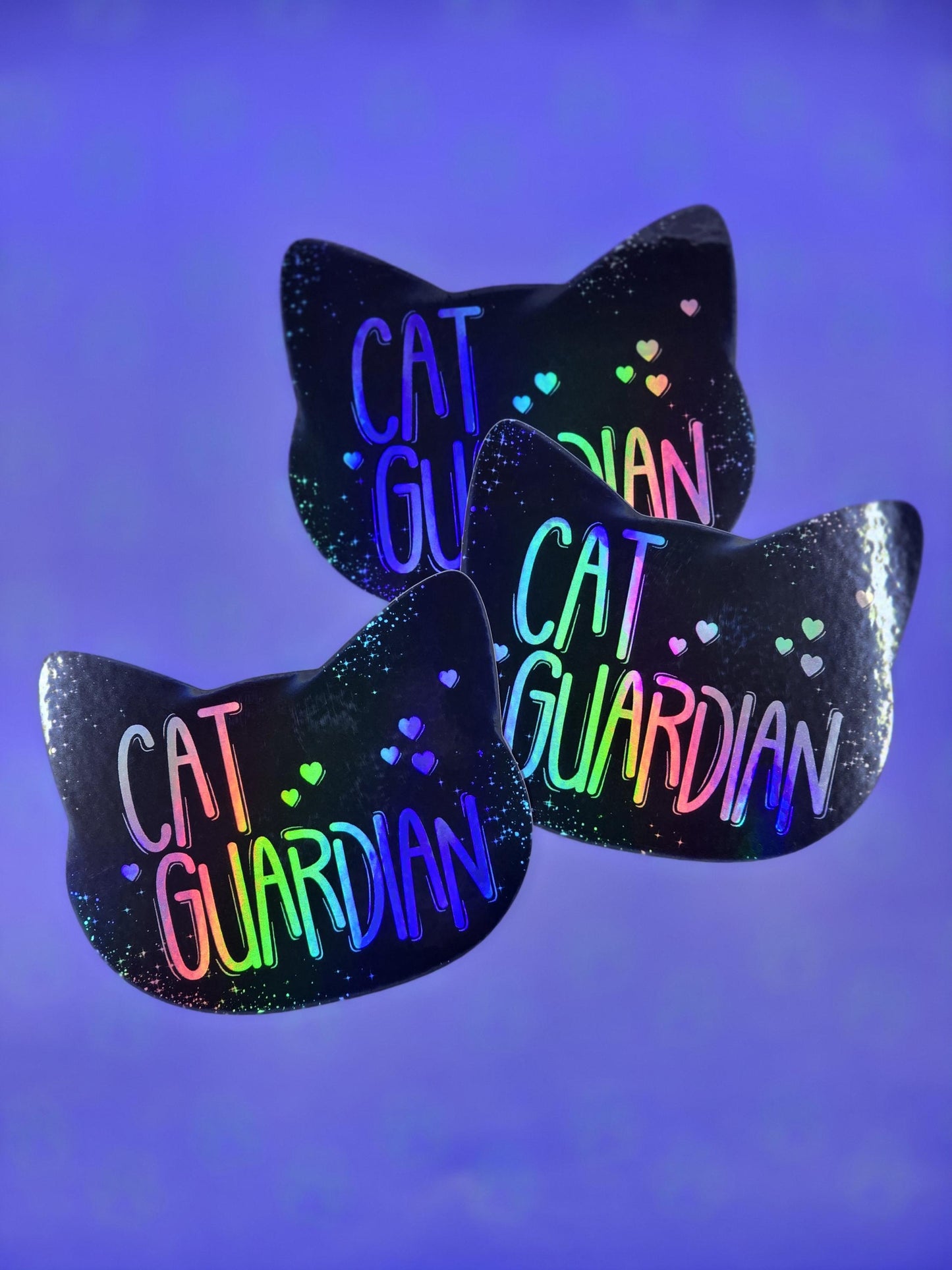Cat Guardian Sticker |Cat Cute Holographic| Holographic Black 3"x2.6"