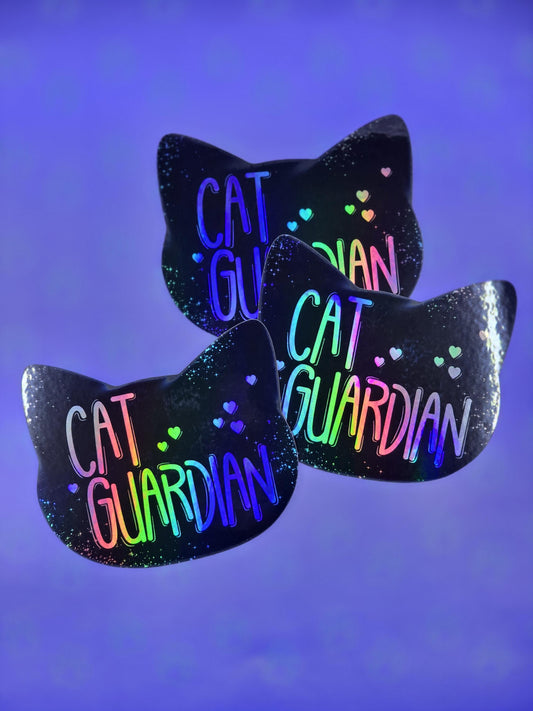 Cat Guardian Sticker |Cat Cute Holographic| Holographic Black 3"x2.6"