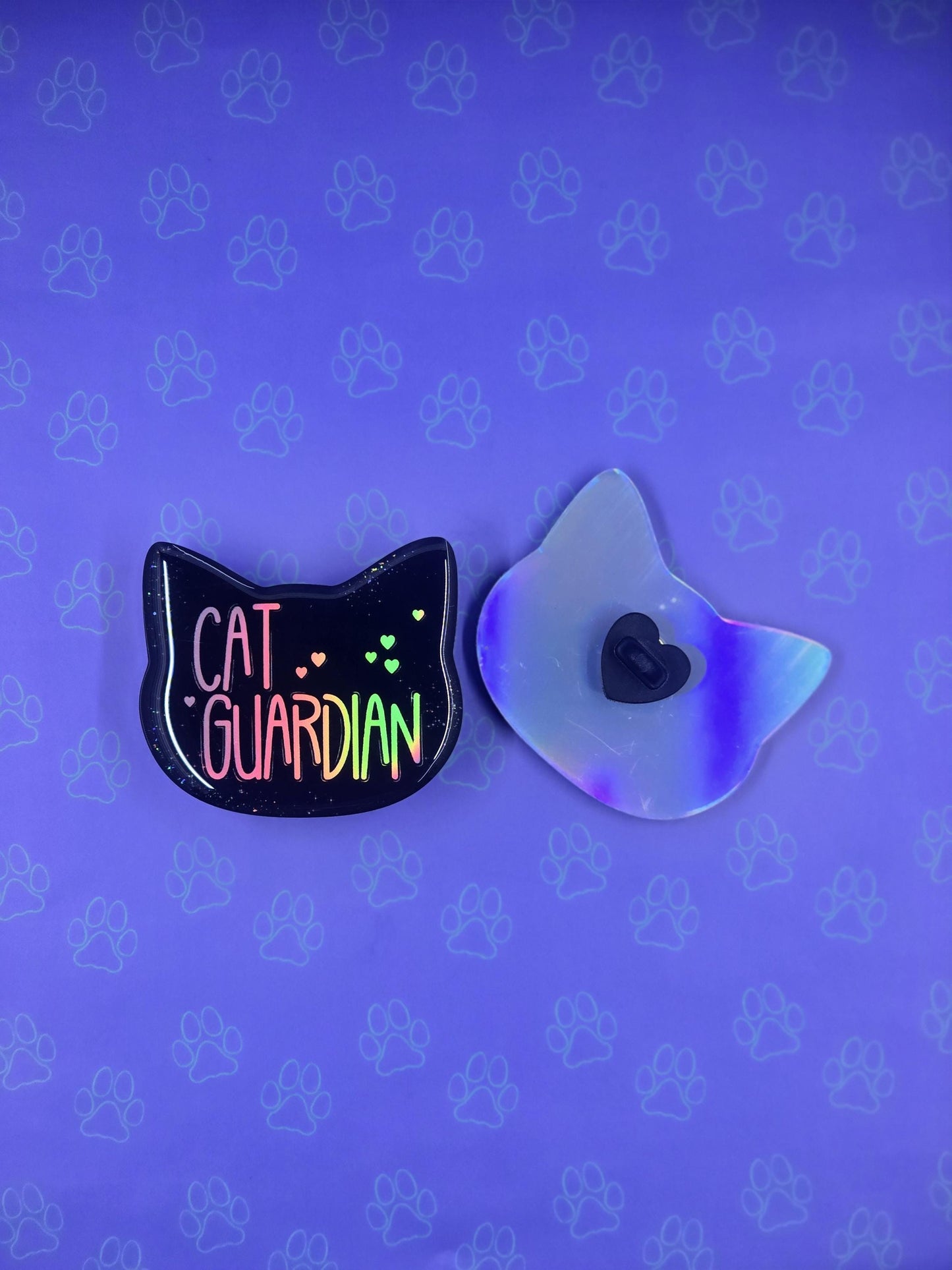 Cat Guardian Holographic Pin 2"x1.75" |Cat Shaped Epoxy Acrylic Pin|