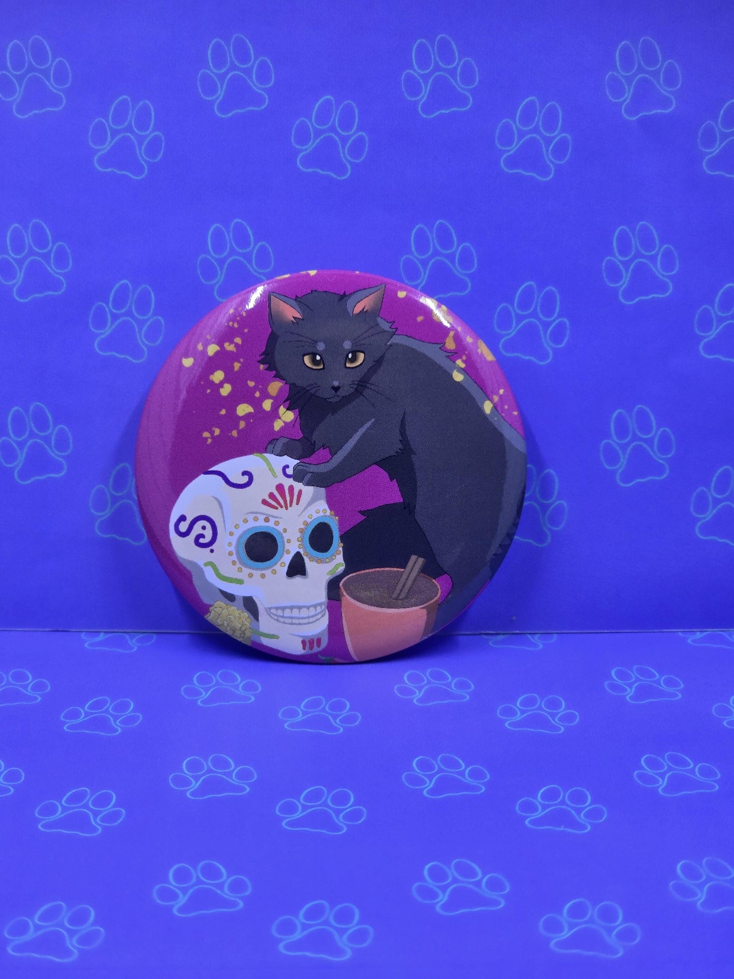 Dia de los Meowtos Cat Buttons - Dia de los Muertos Pin - Cat Pinback Button - 2.25"