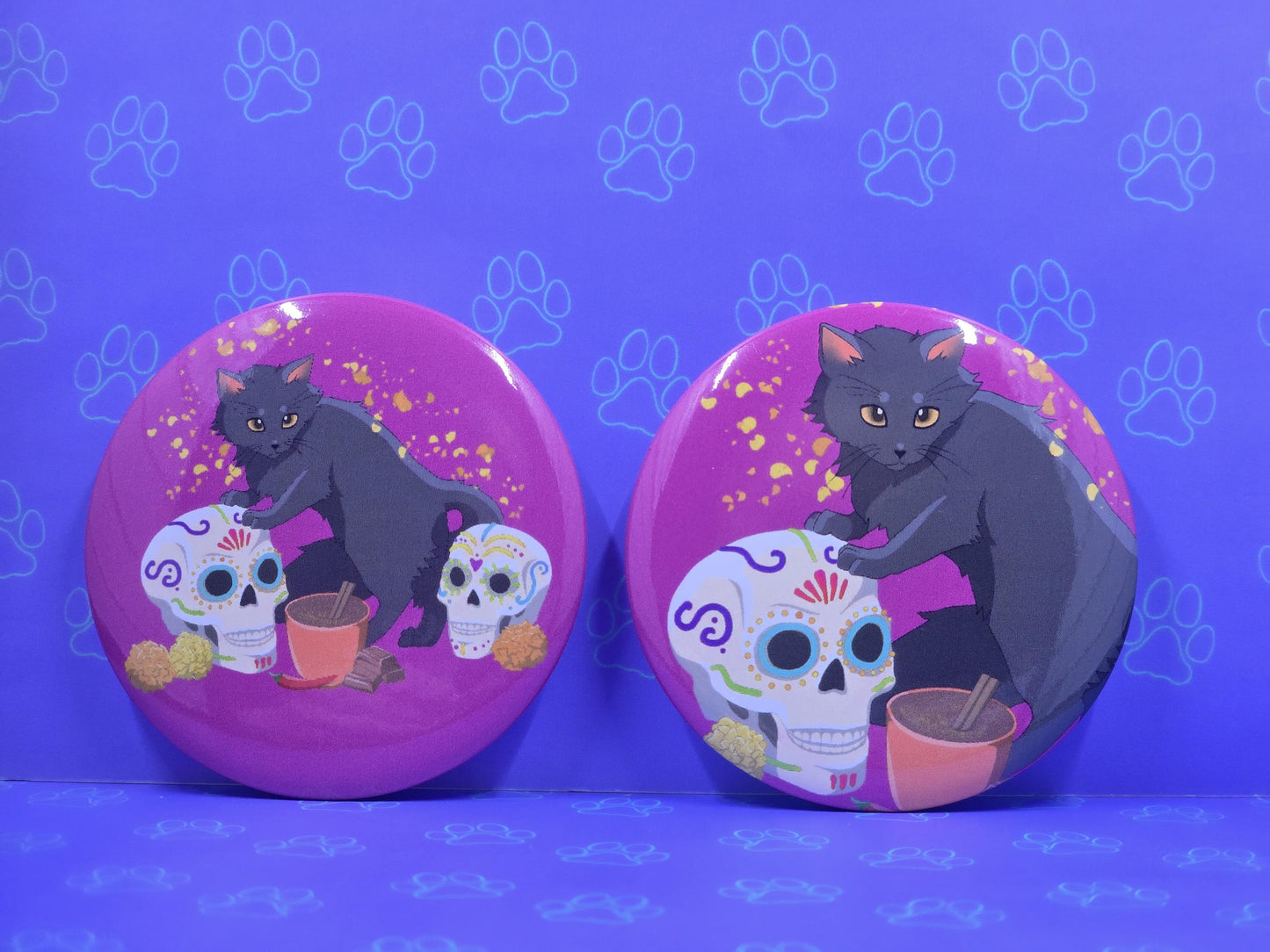 Dia de los Meowtos Cat Buttons - Dia de los Muertos Pin - Cat Pinback Button - 2.25"