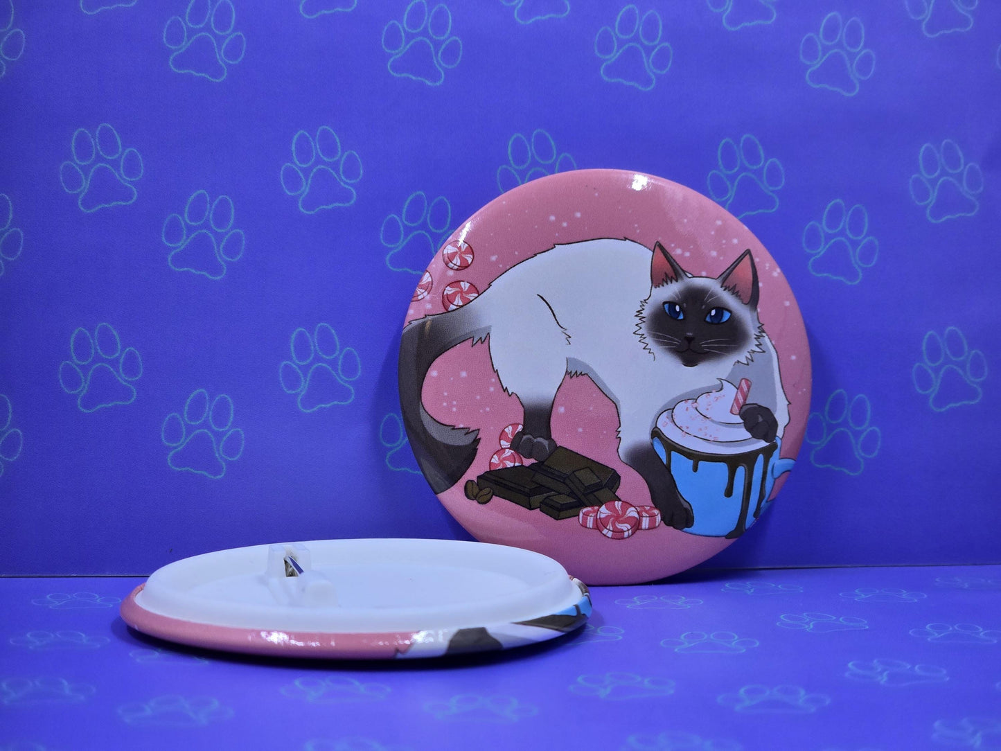 Pawpurrmint Button - Peppermint Mocha Pin - Cat Pinback Button - 2.25"