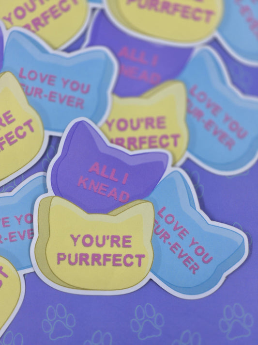 Cat-Cute-Matte Conversation Hearts Cat Candy Sticker |Matte Sticker| 3"x2.39"