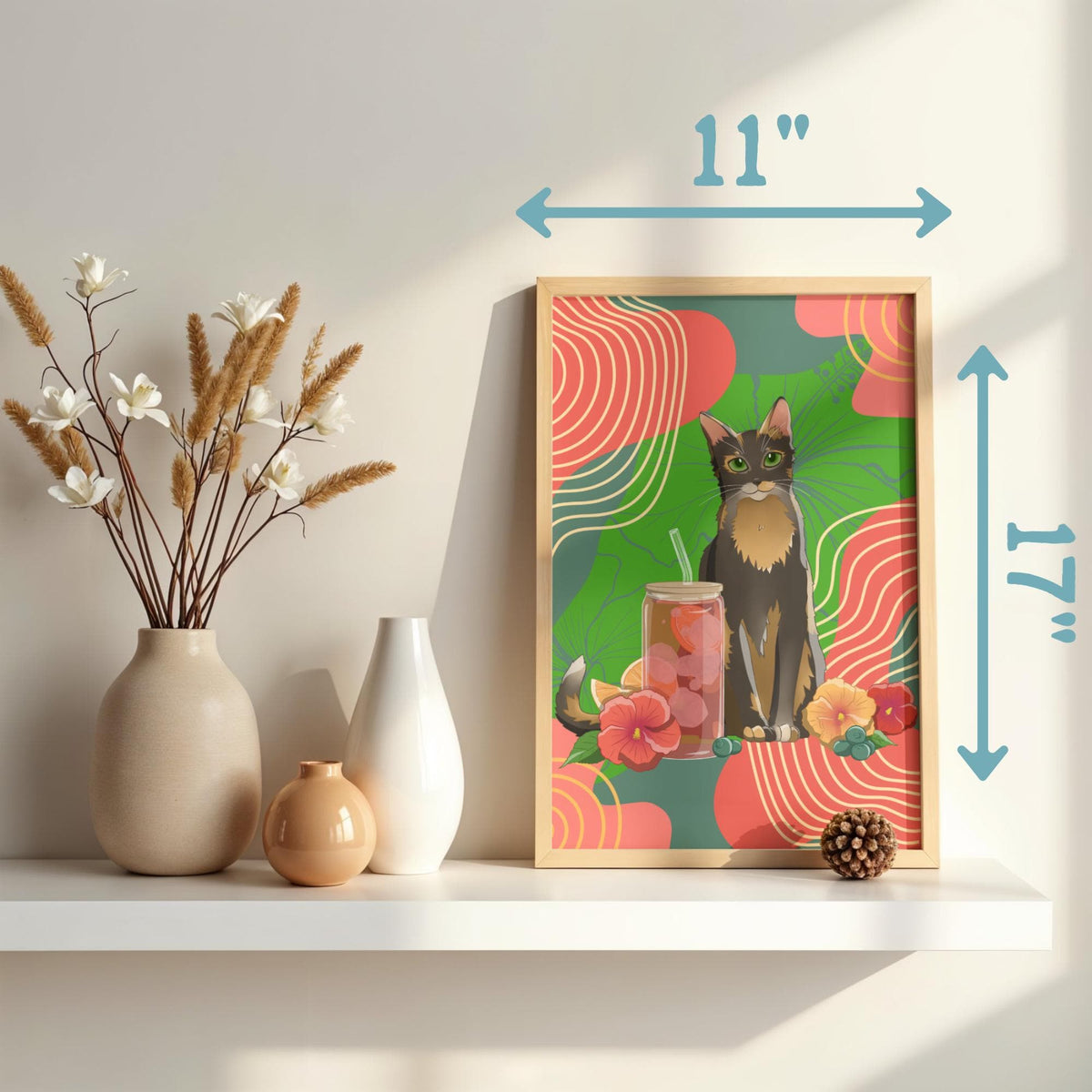 Hibiscus Berry Tortea Art Print - Cat Lover Art Gift - 11" x 17" 4" x 6"