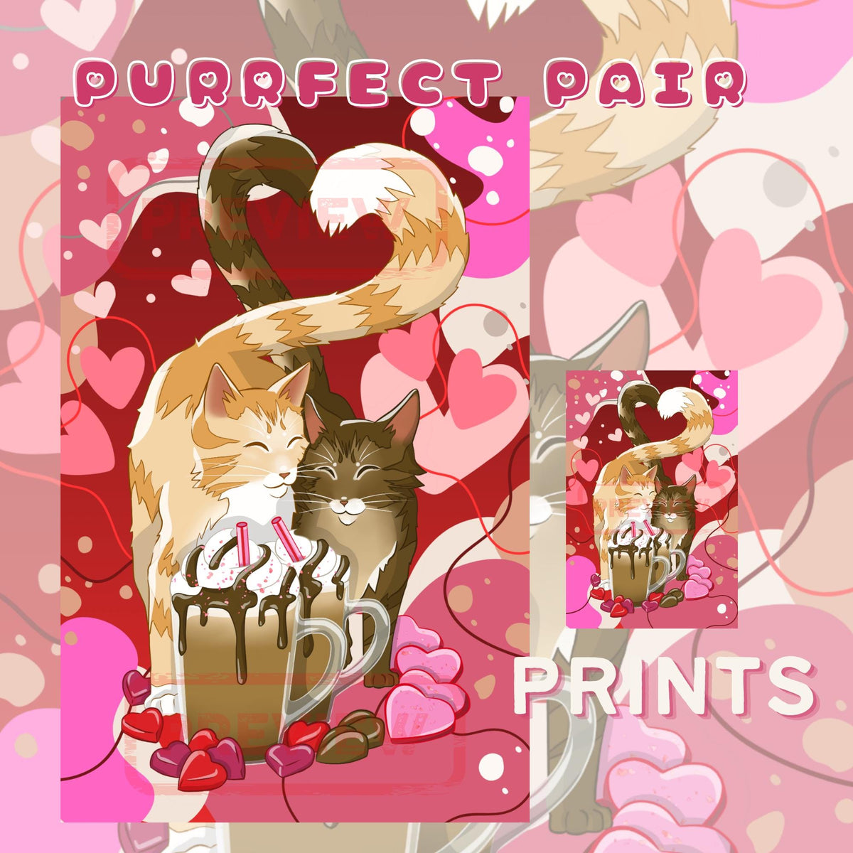 Purrfect Pair Art Print - Cat Lover Art Gift - 11" x 17" 4" x 6"