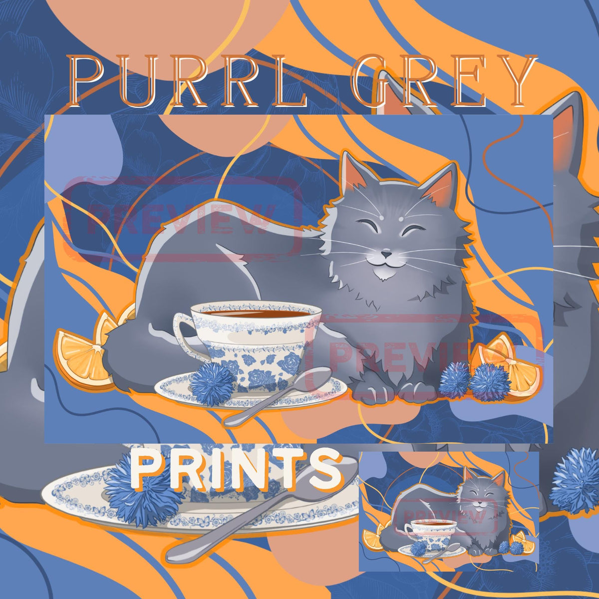 Purrl Grey Art Print - Cat Lover Art Gift - 11" x 17" 4" x 6"