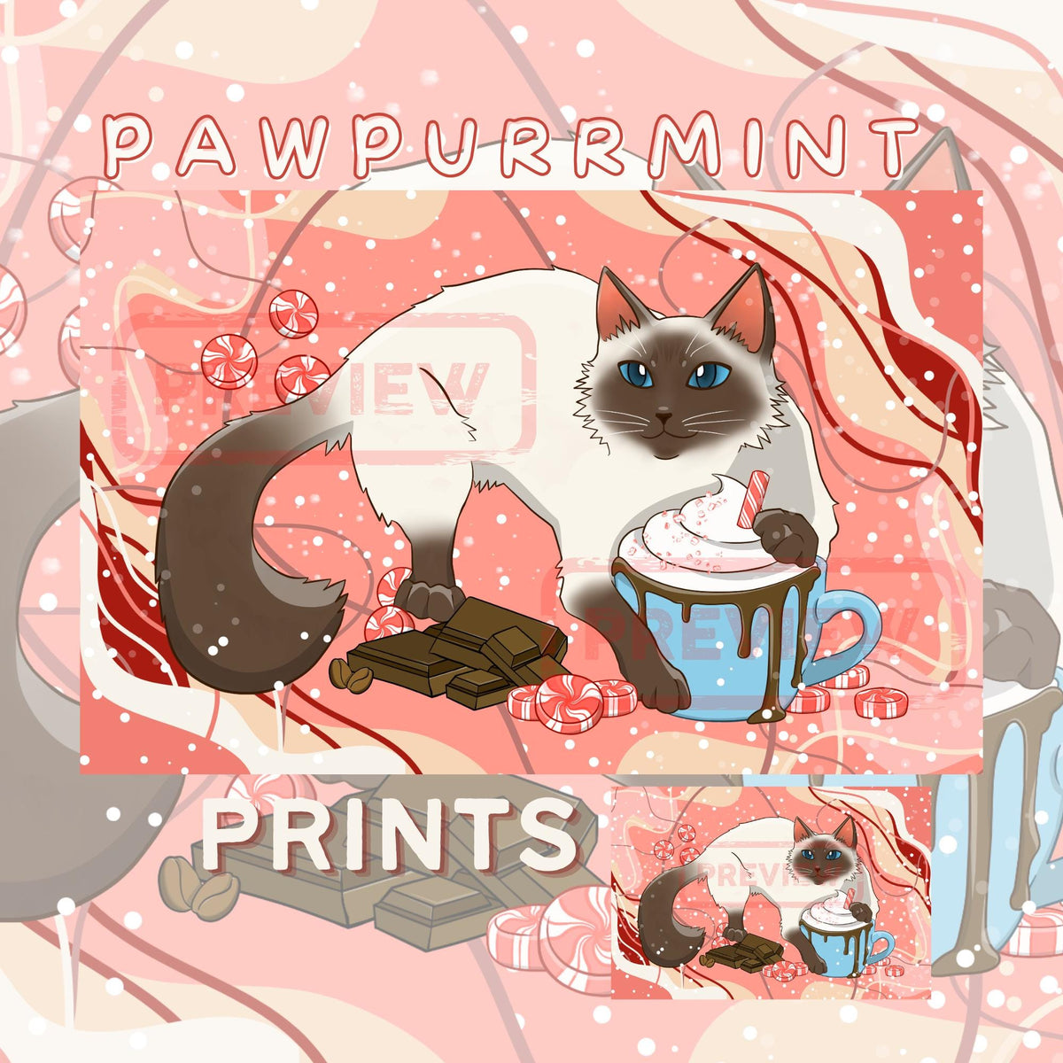 Pawpurrmint Meowcha Art Print - Cat Lover Art Gift - 11" x 17" 4" x 6"