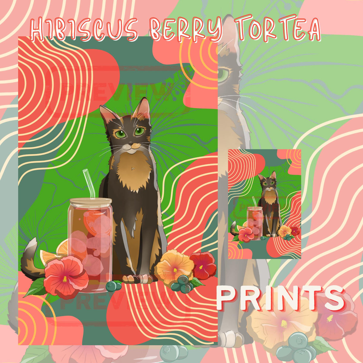 Hibiscus Berry Tortea Art Print - Cat Lover Art Gift - 11" x 17" 4" x 6"