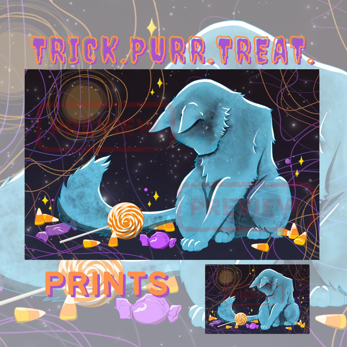 Trick Purr Treat Art Print - Cat Lover Art Gift - 11" x 17" 4" x 6"
