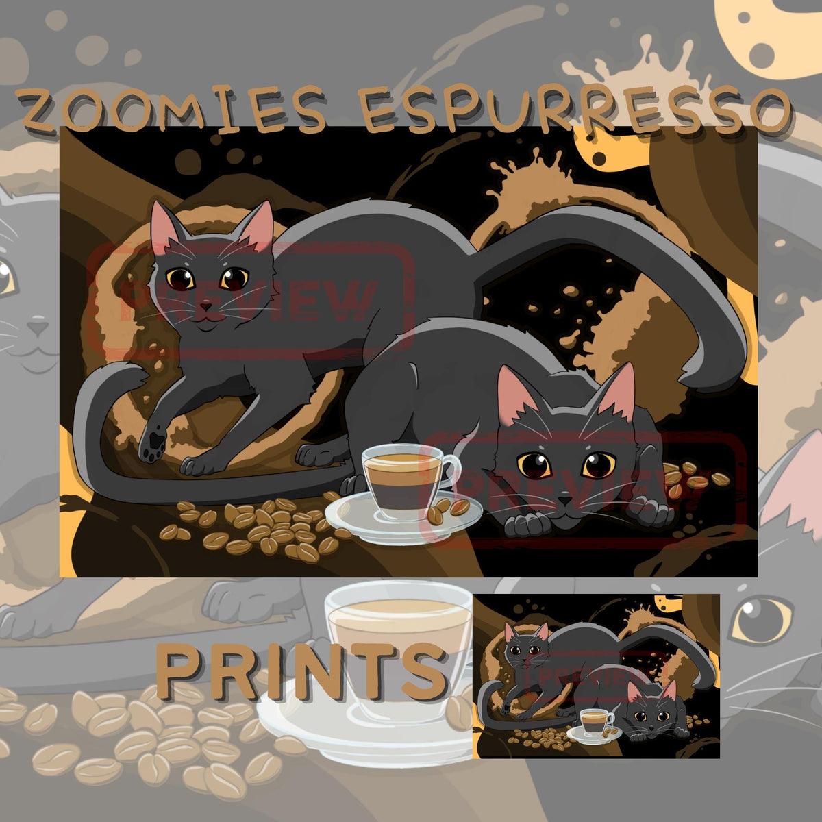 Zoomies Espurresso Art Print - Cat Lover Art Gift - 11" x 17" 4" x 6"