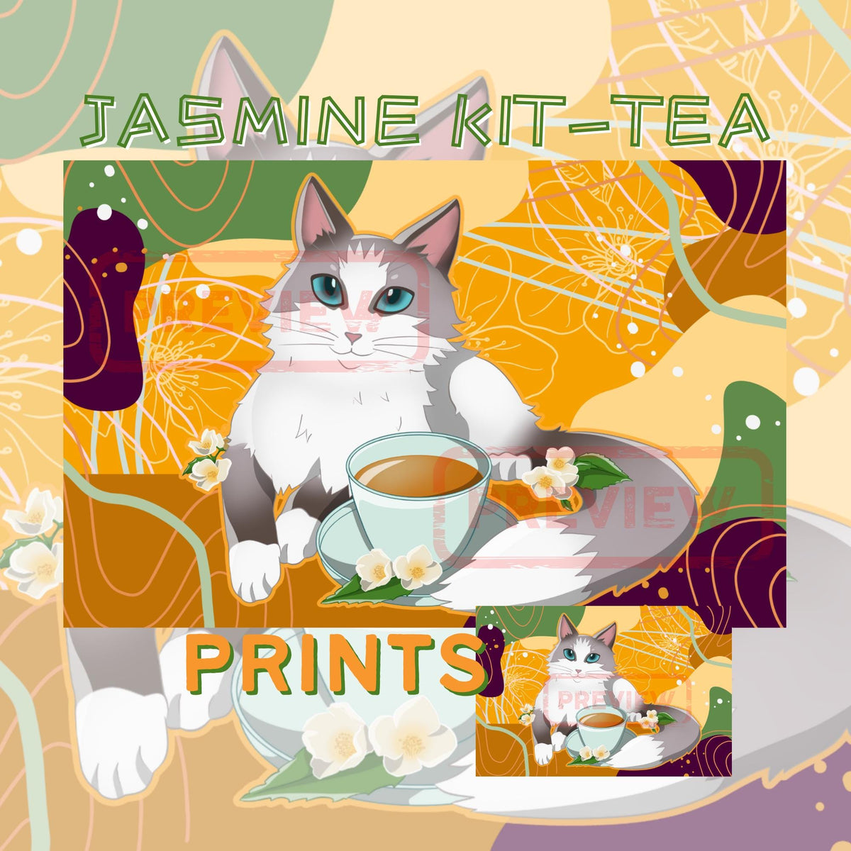 Jasmine Kit- Tea Art Print - Cat Lover Art Gift - 11" x 17" 4" x 6"