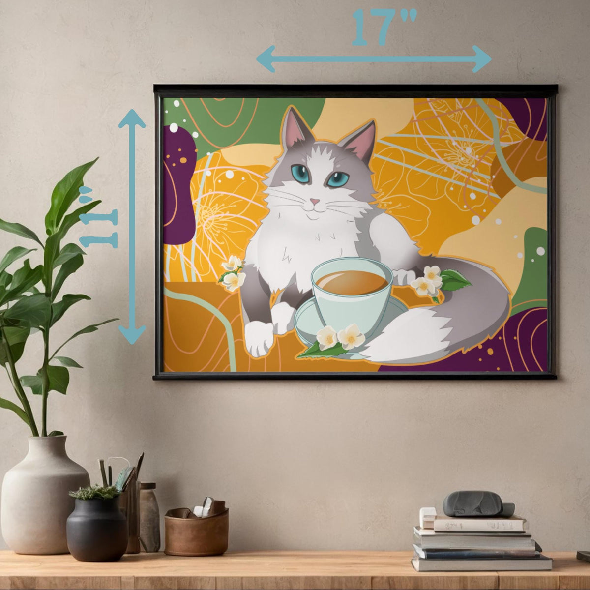 Jasmine Kit- Tea Art Print - Cat Lover Art Gift - 11" x 17" 4" x 6"
