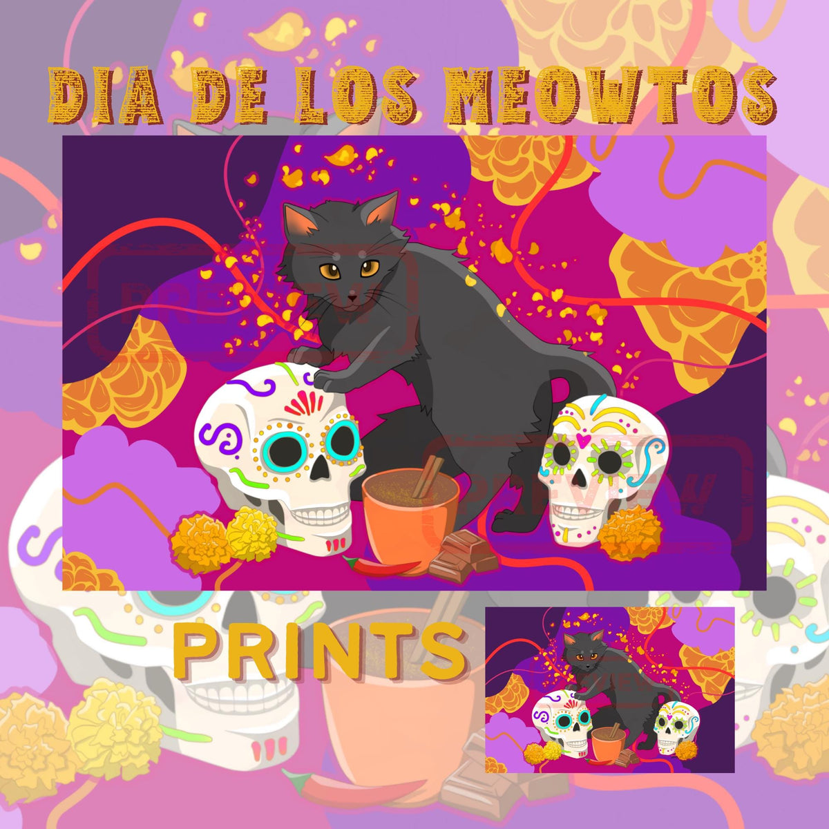Dia de los Meowtos Art Print - Cat Lover Art Gift - 11" x 17" 4" x 6"