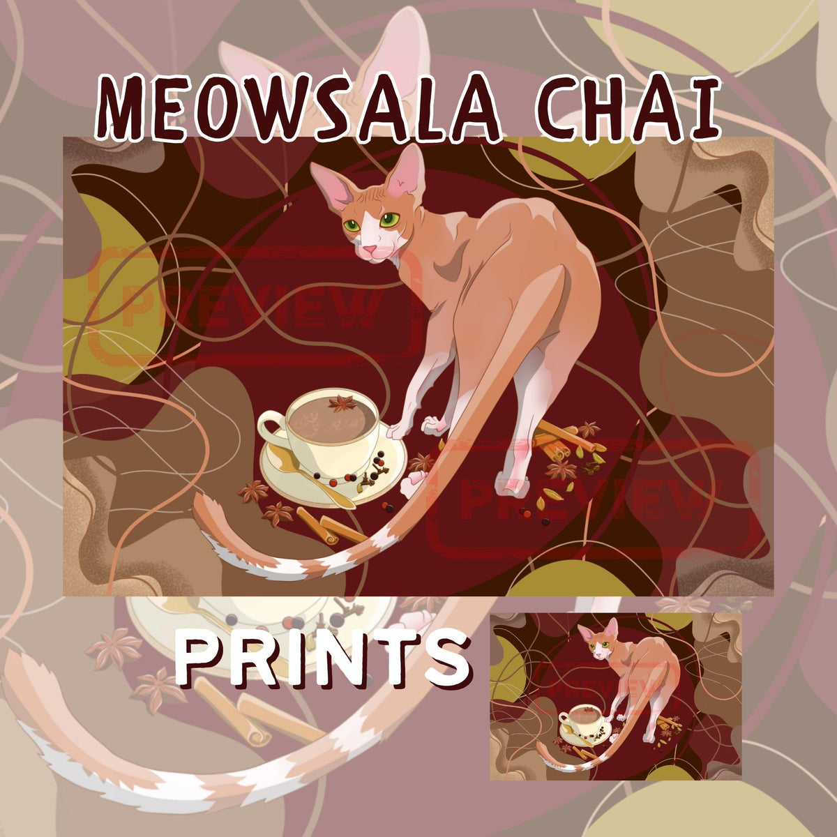 Meowsala Chai Art Print - Cat Lover Art Gift - 11" x 17" 4" x 6"
