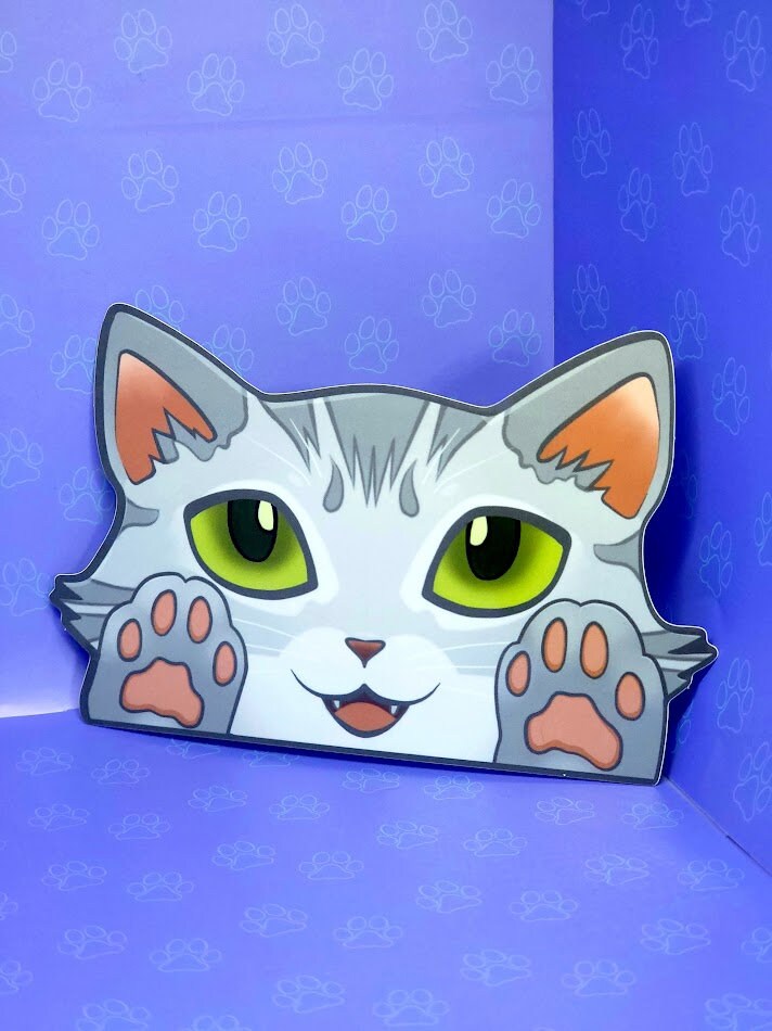 Cat-Window-Peeker Cat Peeking Sticker |Cat Face and Paws| Silver-Grey 5.5"x3.5"