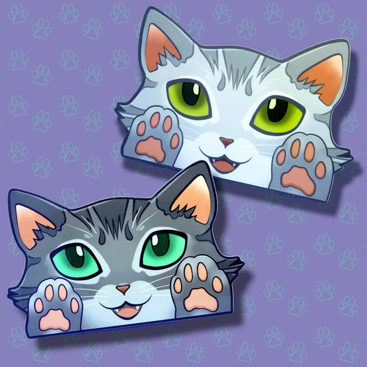 Cat-Window-Peeker Cat Peeking Sticker |Cat Face and Paws| Silver-Grey 5.5"x3.5"