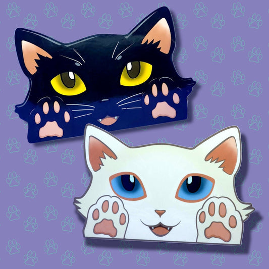 Cat-Window-Peeker Cat Peeking Sticker |Cat Face and Paws| Black-White 5.5"x3.5"