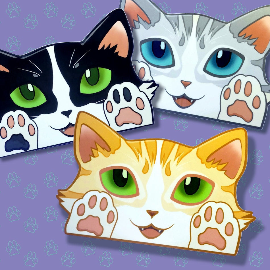 Cat-Window-Peeker Cat Peeking Sticker |Cat Face and Paws| Black and White-Silver and White-Orange and White Point 5.5"x3.5"