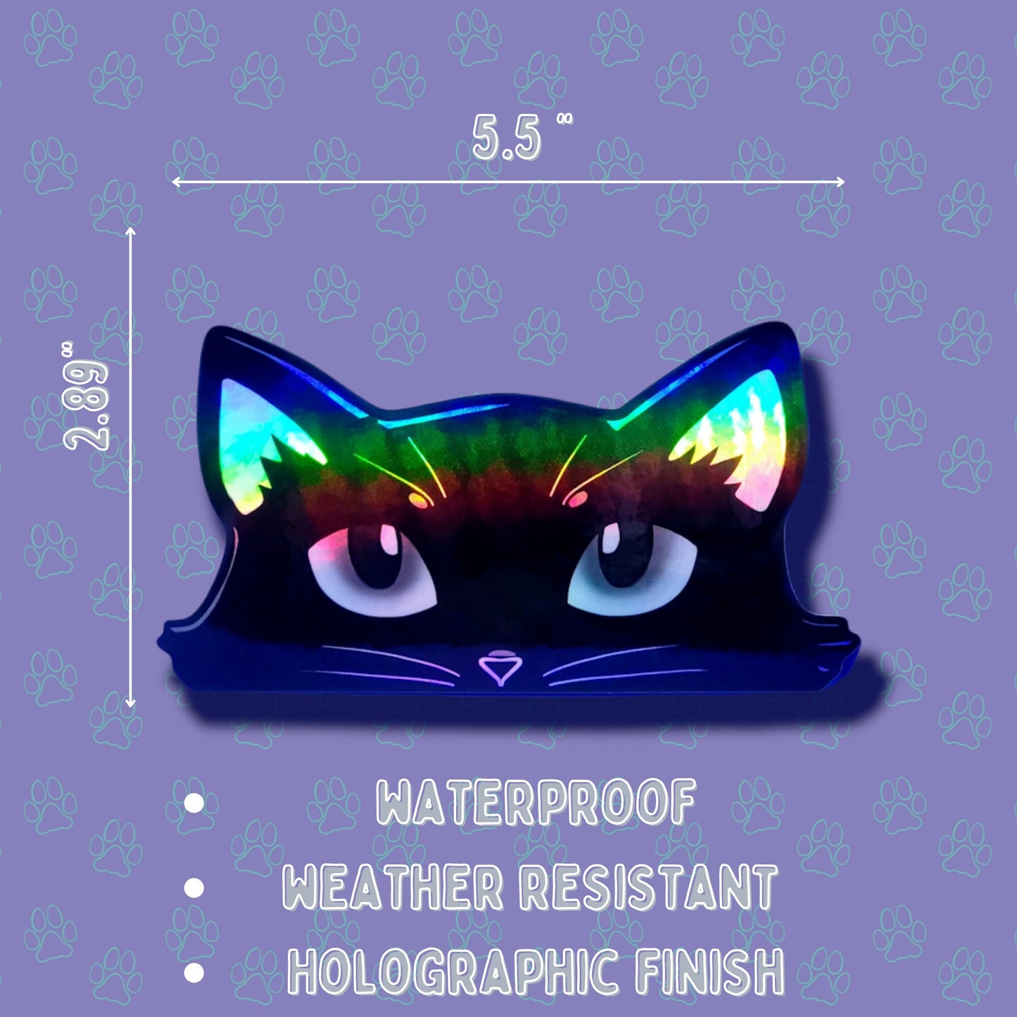Cat-Window-Peeker Cat Peeking Sticker |Cat Face and Paws| Holographic Black 5.38"x3.5"-5.5"x2.89"