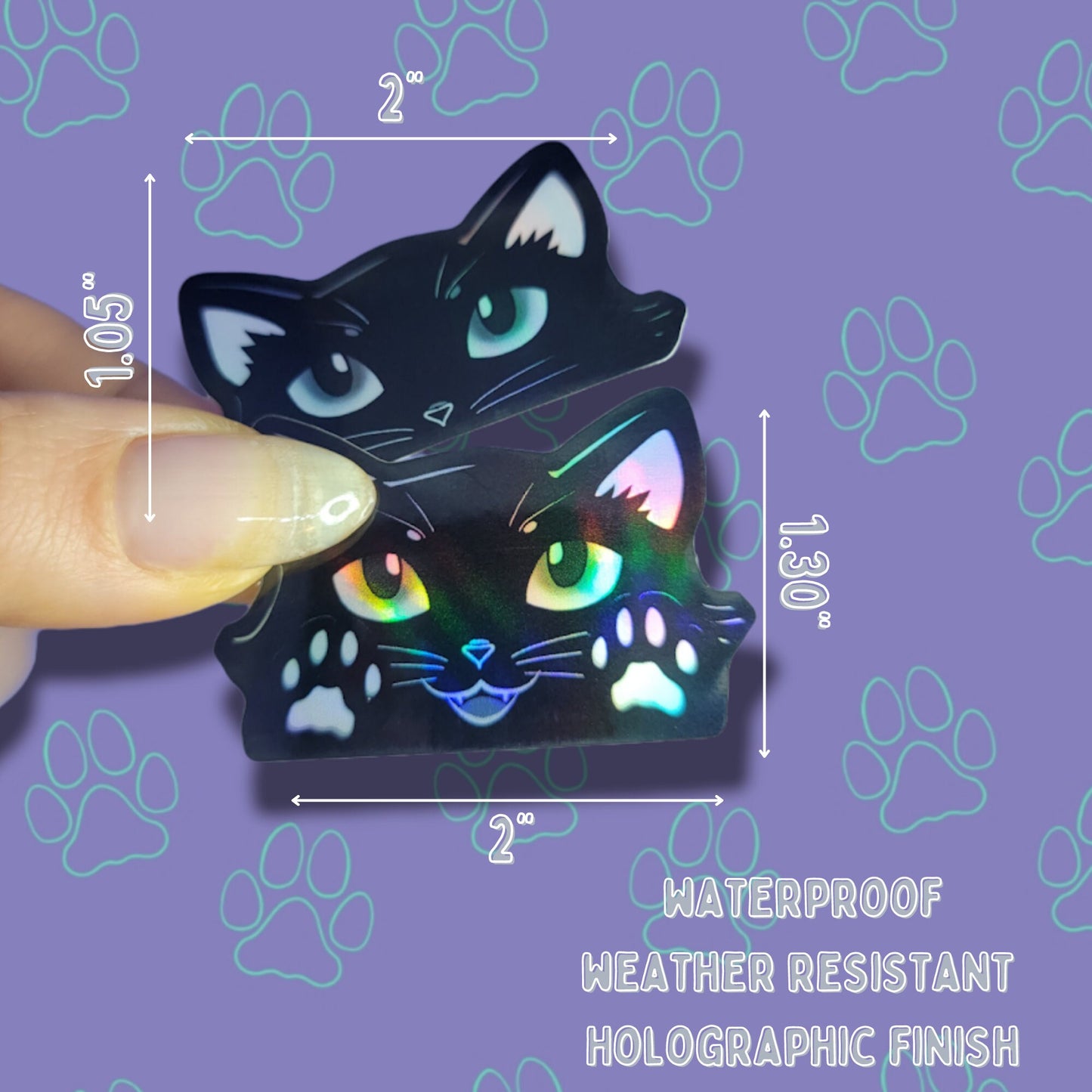 2 Pack Holographic Cat-Mini-Peekers Cat Peeking Stickers |Cat Face and Paws| Holographic Black 2"x1.05"-2"x1.30"
