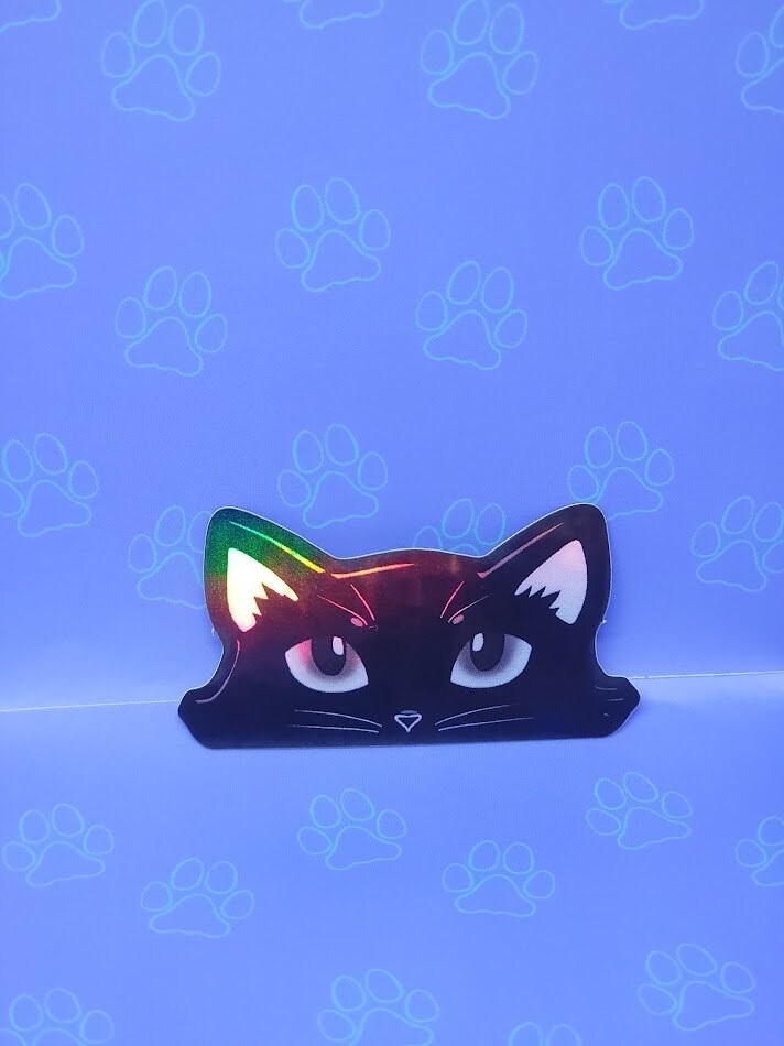 2 Pack Holographic Cat-Mini-Peekers Cat Peeking Stickers |Cat Face and Paws| Holographic Black 2"x1.05"-2"x1.30"