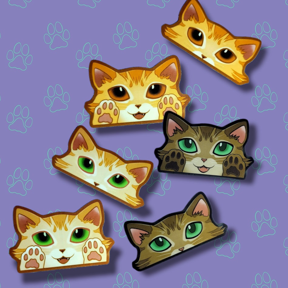 2 Pack Cat-Mini-Peekers Cat Peeking Stickers |Cat Face and Paws| Orange-Brown-Blonde 2"x1.05"-2"x1.30"
