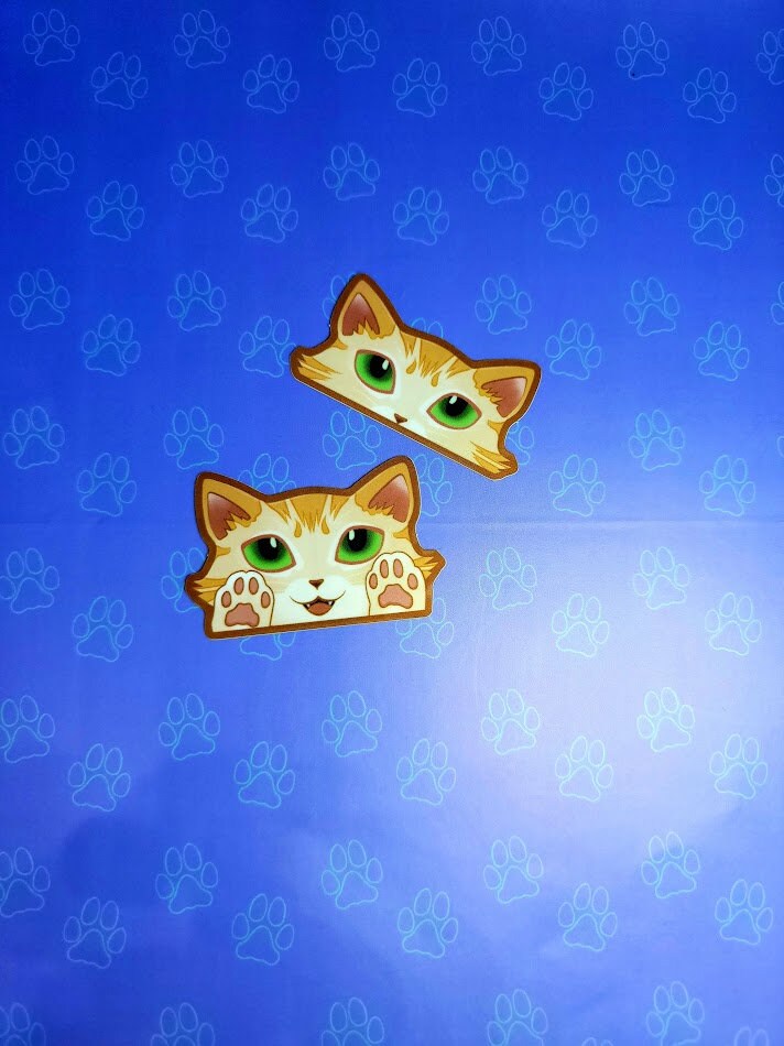 2 Pack Cat-Mini-Peekers Cat Peeking Stickers |Cat Face and Paws| Orange-Brown-Blonde 2"x1.05"-2"x1.30"
