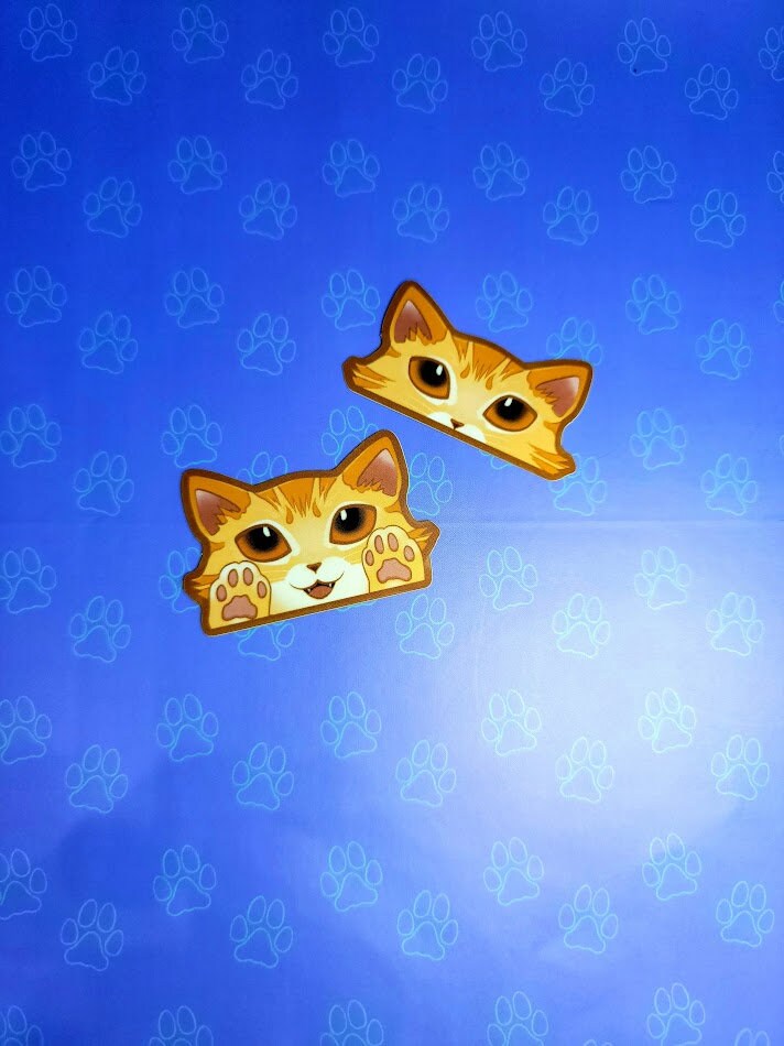 2 Pack Cat-Mini-Peekers Cat Peeking Stickers |Cat Face and Paws| Orange-Brown-Blonde 2"x1.05"-2"x1.30"