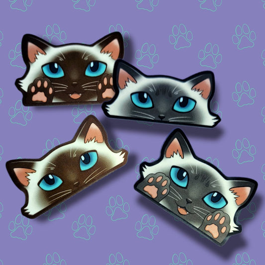 2 Pack Cat-Mini-Peekers Cat Peeking Stickers |Cat Face and Paws| Siamese-Lavender Point-Chocolate Point 2"x1.05"-2"x1.30"
