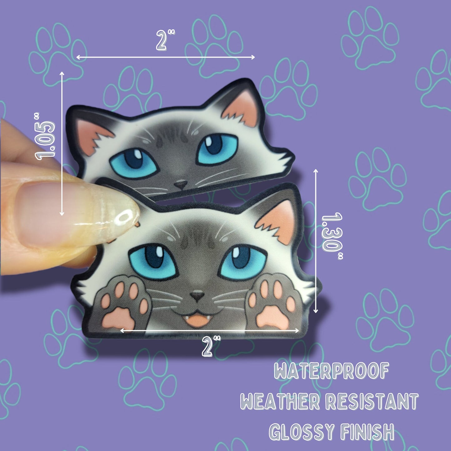 2 Pack Cat-Mini-Peekers Cat Peeking Stickers |Cat Face and Paws| Siamese-Lavender Point-Chocolate Point 2"x1.05"-2"x1.30"